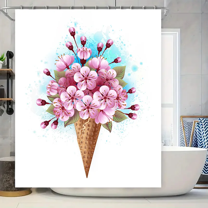 

Pink Blossom Shower Curtain Ice Cream Cone Floral Print Home Decor Bathroom Decorative Liner Free Size (White)