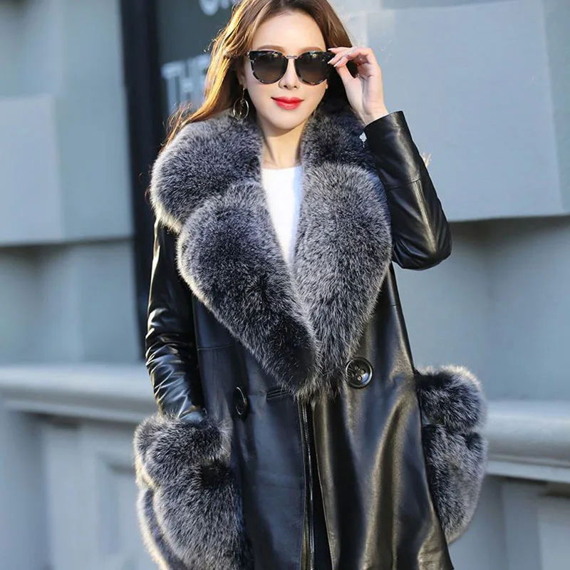 7XL New Leather Coats Women's Winter Long Sleeve Medium Long Fur Jacket Cotton Velvet Big Fox Fur Collar Leather Overcoat Female