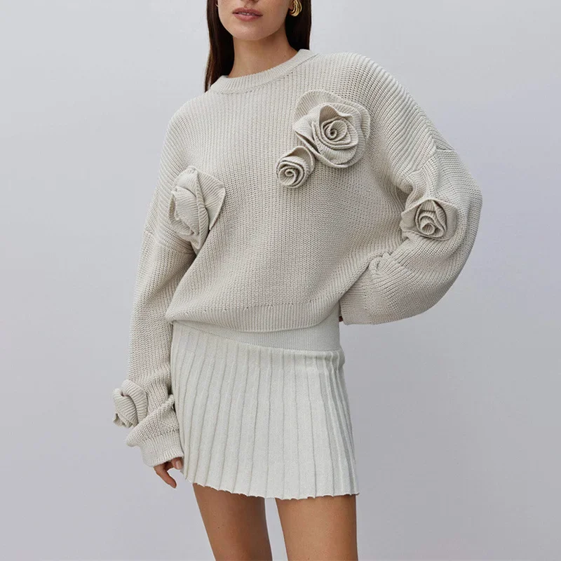

Women's Fashion Casual Style Women's Spring New Three-dimensional Flower Stitching Design Sense Long-sleeved Loose Knit Top