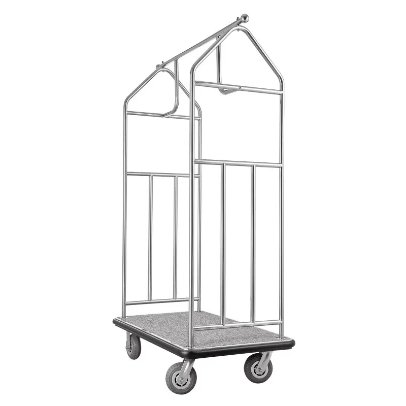 Hotel luggage cart, brushed stainless steel finish, trolley
