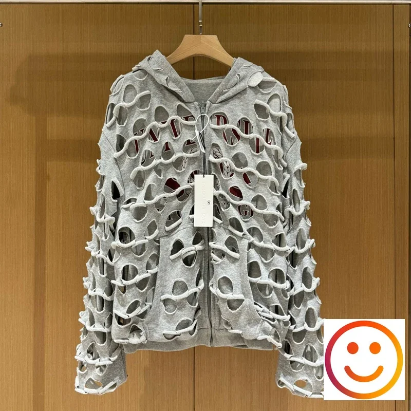 Double Side Wear Project Hollow Out Zipper Hoodie Men Women Gray Loose Casual Unisex Sweatshirts High Quality Hooded Jackets