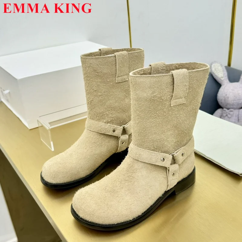 

2024 Winter Autumn Suede Leather Mid Calf Boots Women's Round Toe Chunky Heel Cowboy Boots Fashion Slip On Casual Ladies Shoes