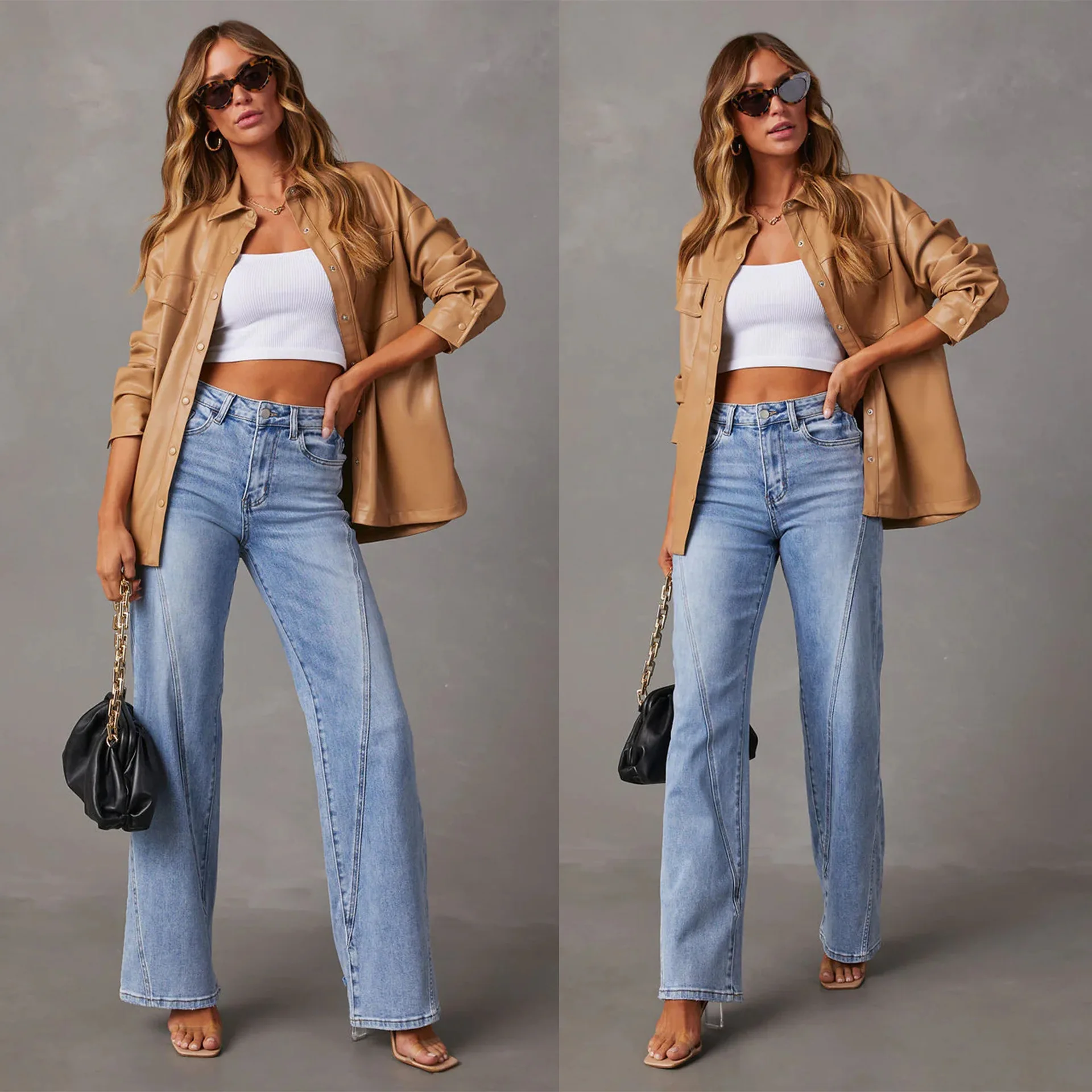 

Women Jeans Ankle Length Wide Leg Pants Denim Washing Spliced Pockets Loose Fit Solid High Street 2024 Summer Zipper Fly