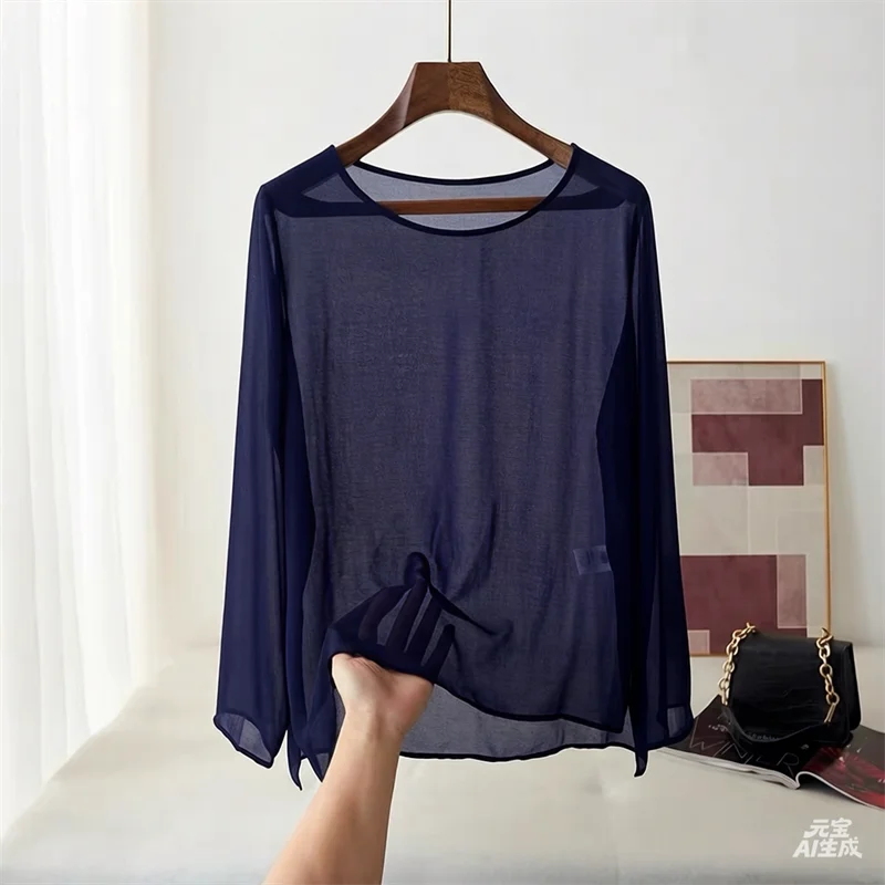 Camisa de chiffon leve para mulheres, primavera/verão, cor vibrante, simples, elegante, transparente, tamanho grande.