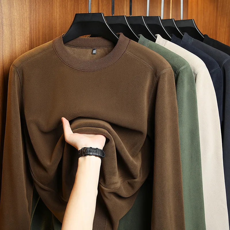 الشتاء الساخن على الوجهين الدافئة هوديي الرجال جولة الرقبة سميكة المخملية طويلة الأكمام تي شيرت بلون كل مباراة أسفل أعلى