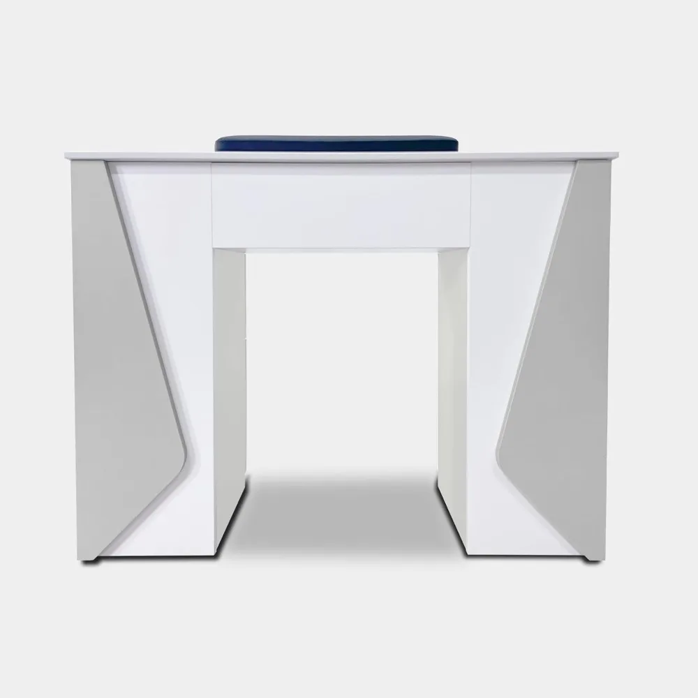 

Modern Nail Table for Salon –Manicure Desk with Quartz Top, MDF Wood, Armrest & 360° Wheels – White and Gray Station for Nail Te