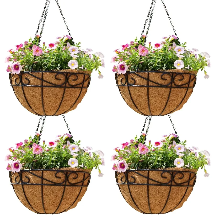 

12 inch Metal Hanging Baskets For Plants Outdoor 4 Pack Round Metal Wire Hanging Basket Planter with Coco Fiber Liners Chain Ro