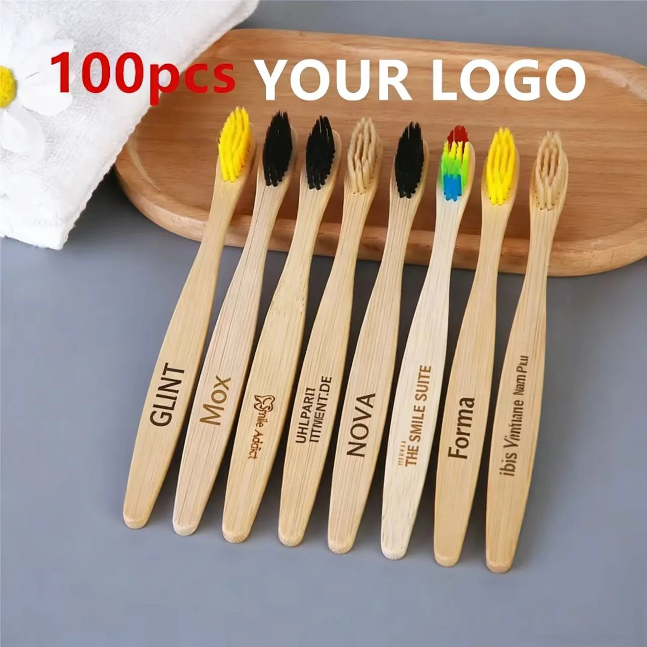 100Pcs Customized Laser Engraving LOGO Bamboo Toothbrushes Portable Eco Friendly Adults Wooden Tooth Brush Hotel Supply Product
