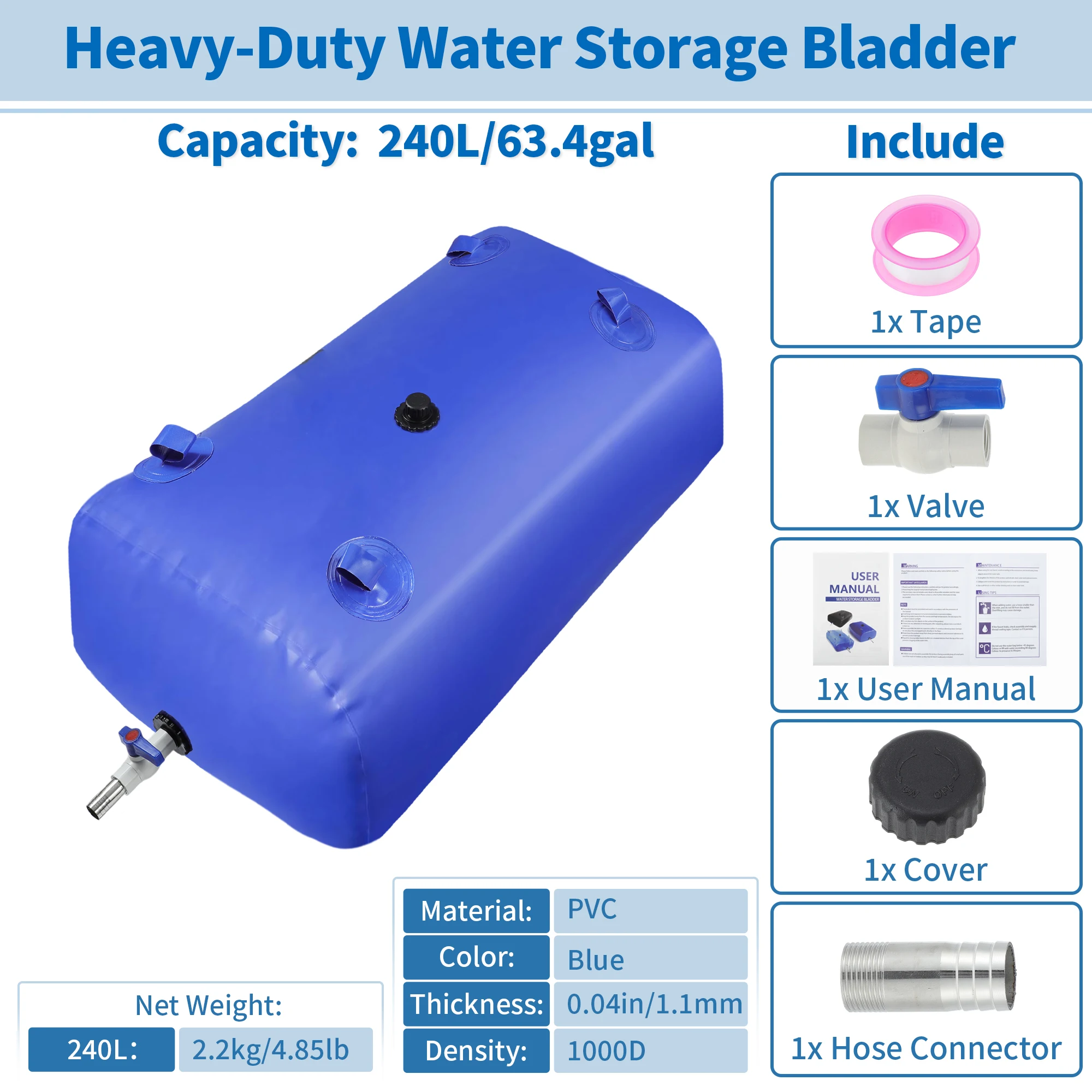UXCELL 240 L/63.4 Gal Water Bladder Storage Container Portable Water Tank RV Camping