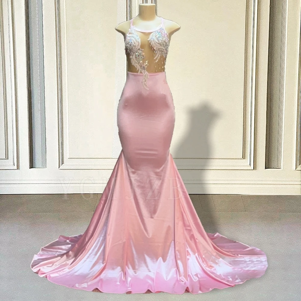 Pink Long Prom Dress 2025 Mermaid Beaded Diamonds Sexy See Through Top Formal Evening Gala Gowns for Graduation Party Customized