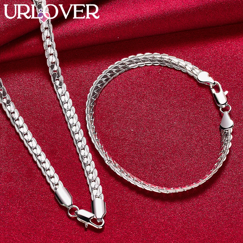 

URLOVER 2pcs/lot 925 Sterling Silver 6mm Side Chain Necklace Bracelet Set For Woman Men Party Wedding Birthday Fashion Jewelry