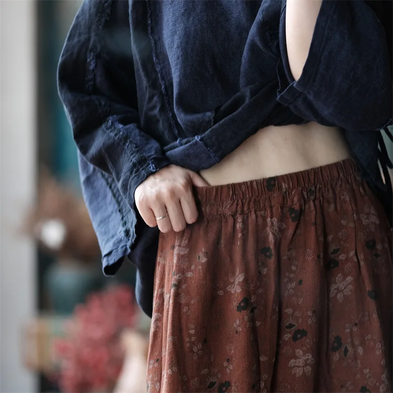 新着春夏の女性のカジュアルプリーツパッチワーク A ライン足首までの長さのスカート緩い良質のコットンリネンスカート T242