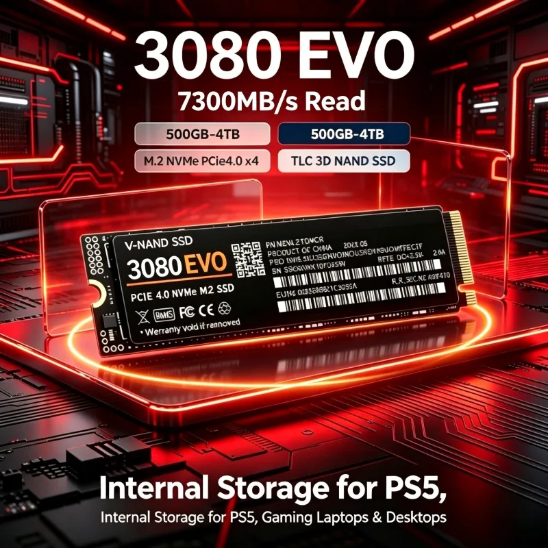 Genuine 3080 EVO 500GB-4TB M.2 NVMe PCIe4.0 x4 SSD, 7300MB/s Read, TLC 3D NAND Internal Storage for PS5 Gaming Laptops Desktops