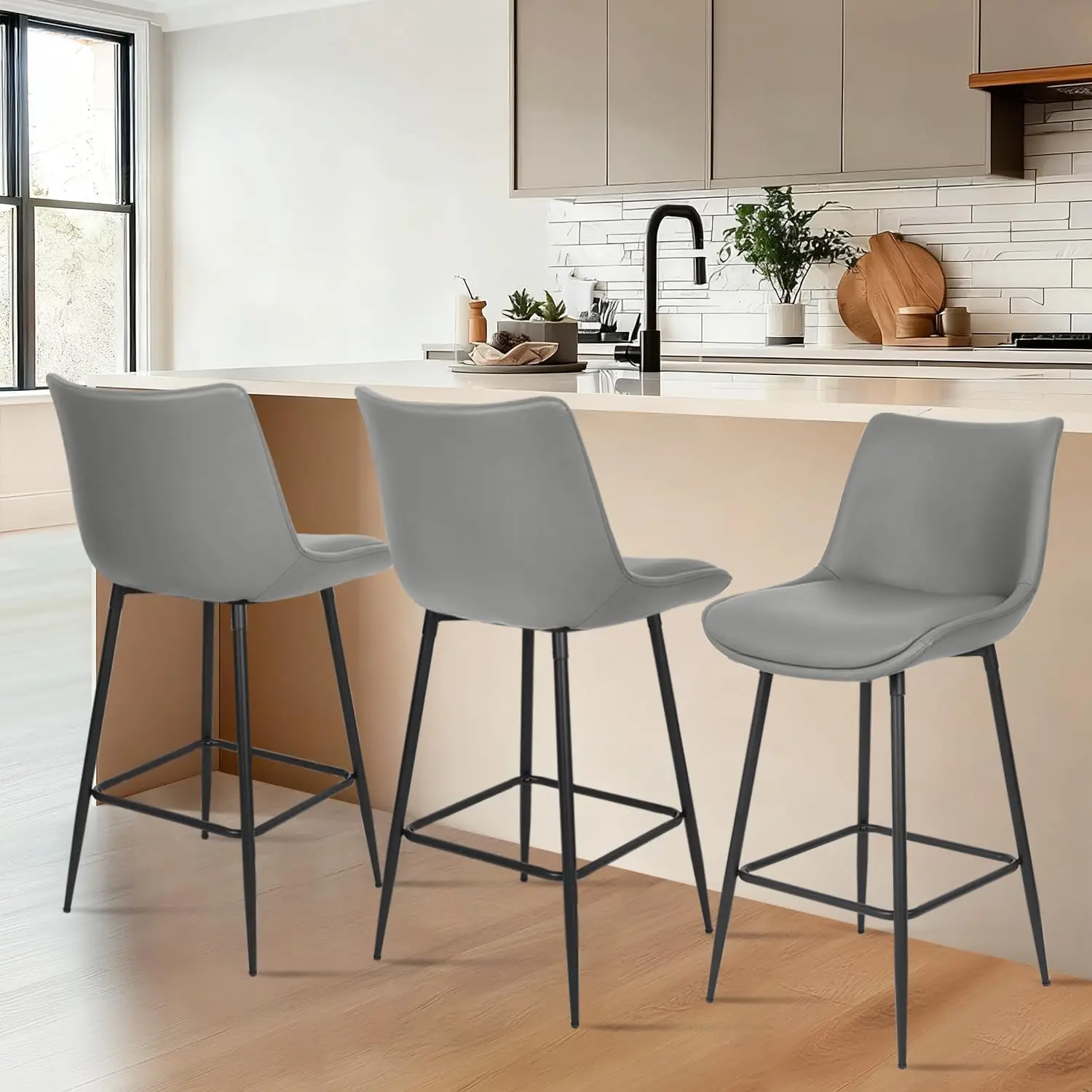 

Counter Height Bar Stools Set of 3, FSC Certified Upholstered Faux Leather with Back, Metal Base, 27' Seat Height (Gray)