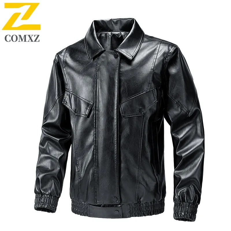 

EIAO Men Vintage Biker Jacket Korean style PU Leather Coat Waterproof Windproof Retro Streetwear Loose Fit Motorcycle Outerwear