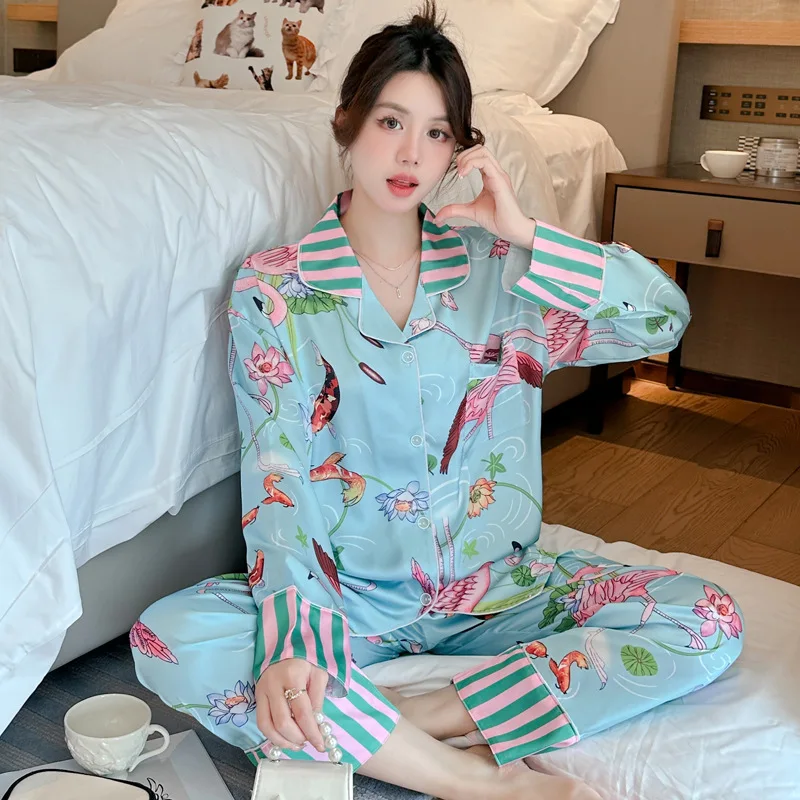 Women's Pajamas Sets Spring Autumn 2 Piece Flamingo Print Pyjama Faux Silk Satin Sleepwear Long Sleeve Pijama Mujer Pjs Homewear