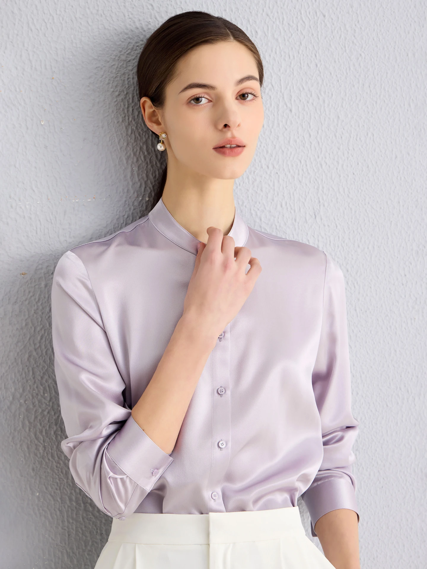 

Женская шелковая блузка Ele Silk с воротником-стойкой, длинным рукавом, дышащая, комфортная, прямого кроя, весна 2026, класса люкс, из чистого шелка