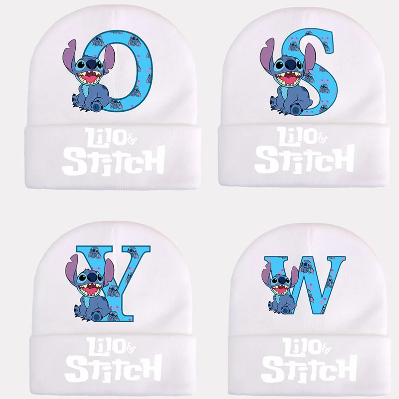 Kawaii Stitch Disney Knitted Cap A- Z 26 English Alphabet Hat for Girls Boys Knitted Beanies Kids Autumn Winter Cycling Cap Gift