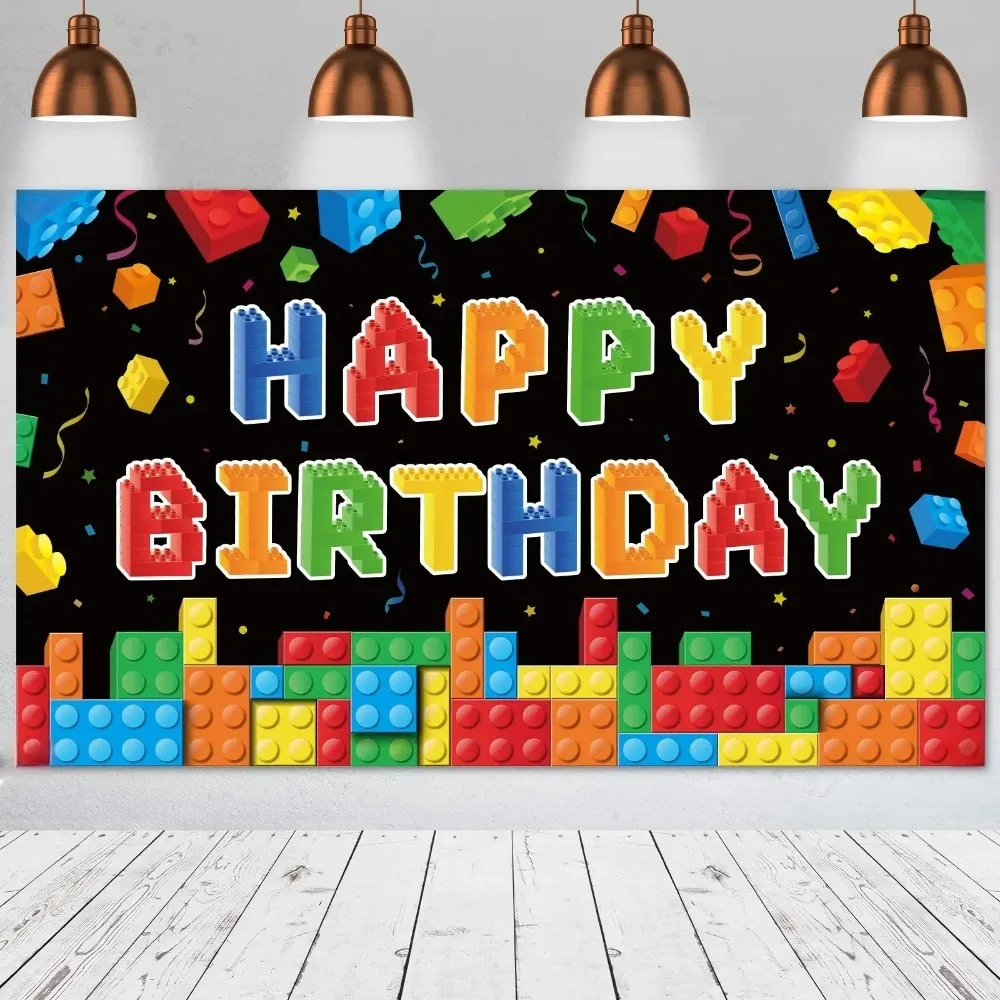 Bunter Geburtstagsbanner mit Baustein-Motiv, Fotografie-Hintergrund, Kindergeburtstag, Familienfeier, Dekoration, Fotografie-Hintergrund – Detail 2