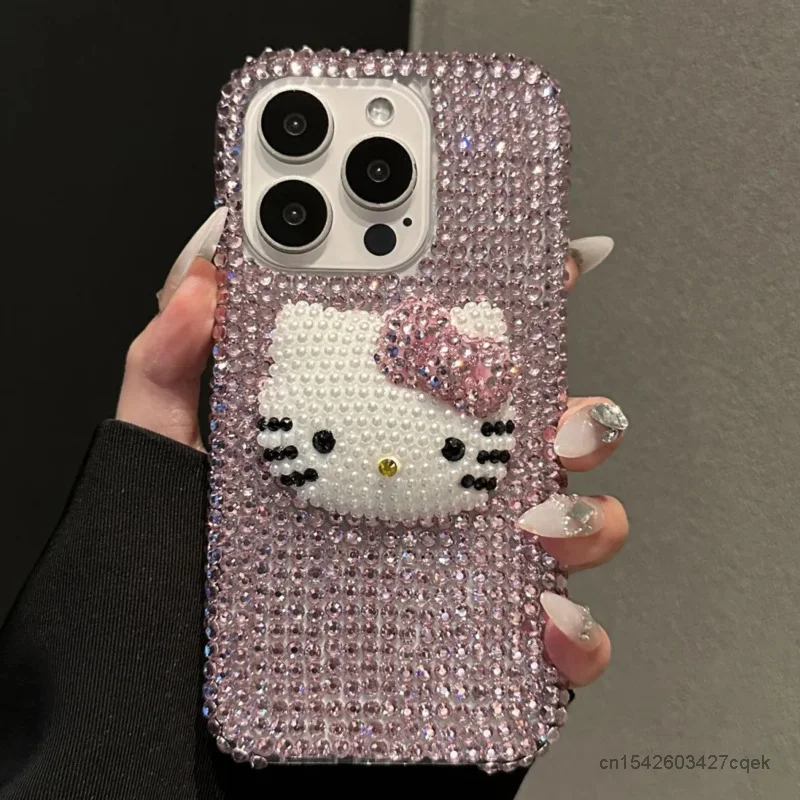 Sanrio Hello Kitty Full Pink Rhinestone Luxury Phone Cover For Iphone 12 13 14 15 Pro Max Korean Fashion Protecive Case Apple 11