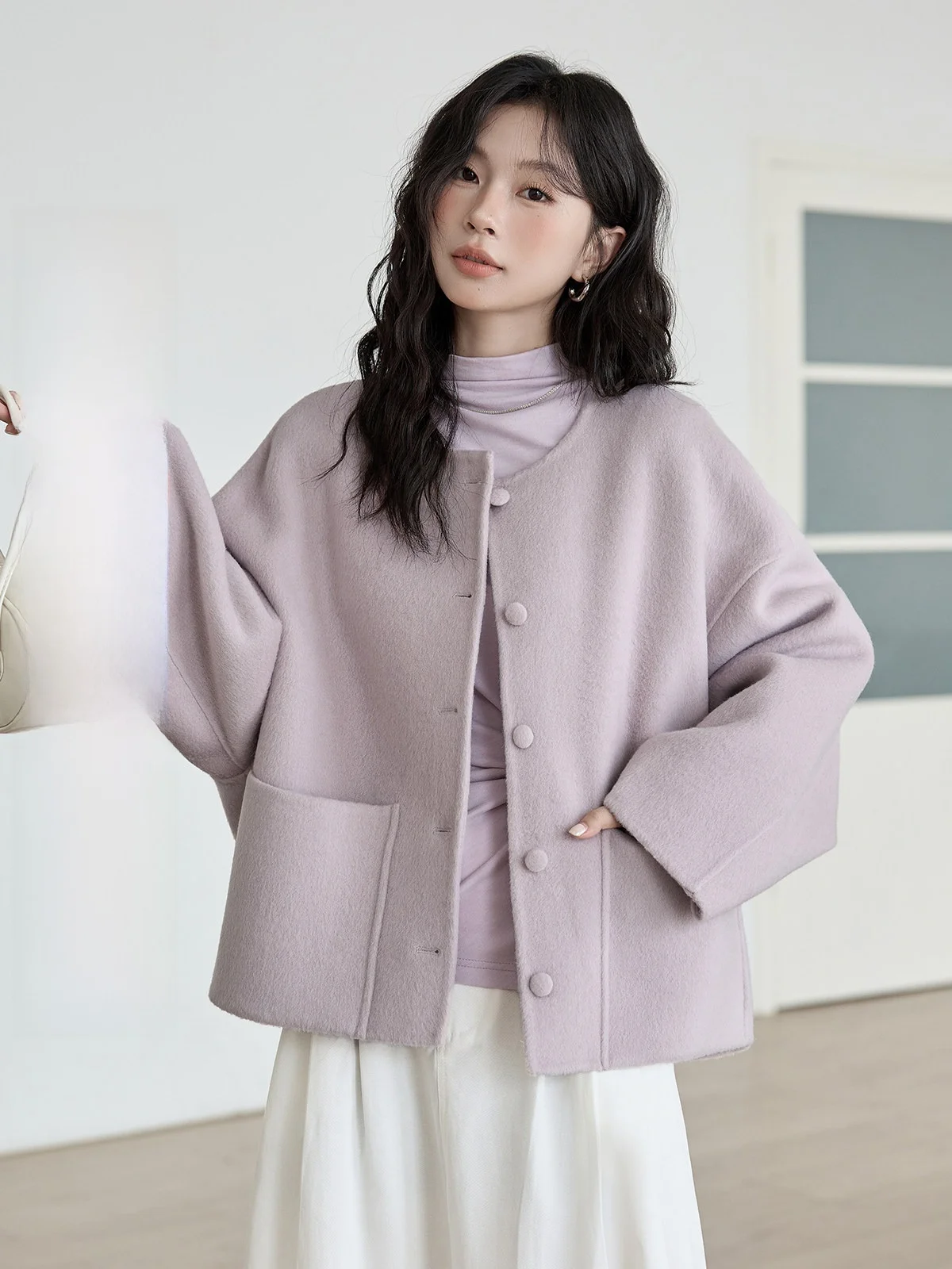 

Двустороннее шерстяное пальто HuiXi, фиолетовое, женское, зимнее, модное, универсальное, в корейском стиле, свободного кроя, длинное, с круглым вырезом