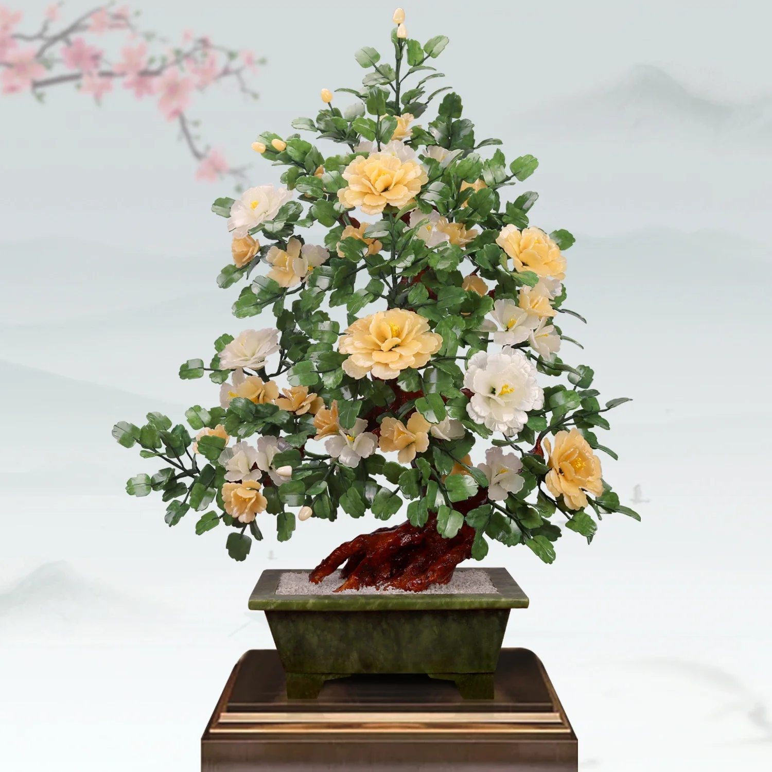 Natural jade large-scale high-end light luxury peony flower living room home jewelry jade carving handicrafts