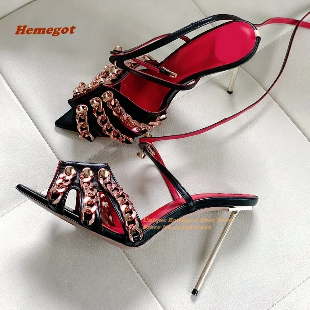 

Purple Black Metal Chain Sandals Pointed Toe Strange Style Cross Strappy Sandals for Women New Design Buckle Elegant Ladies Sexy