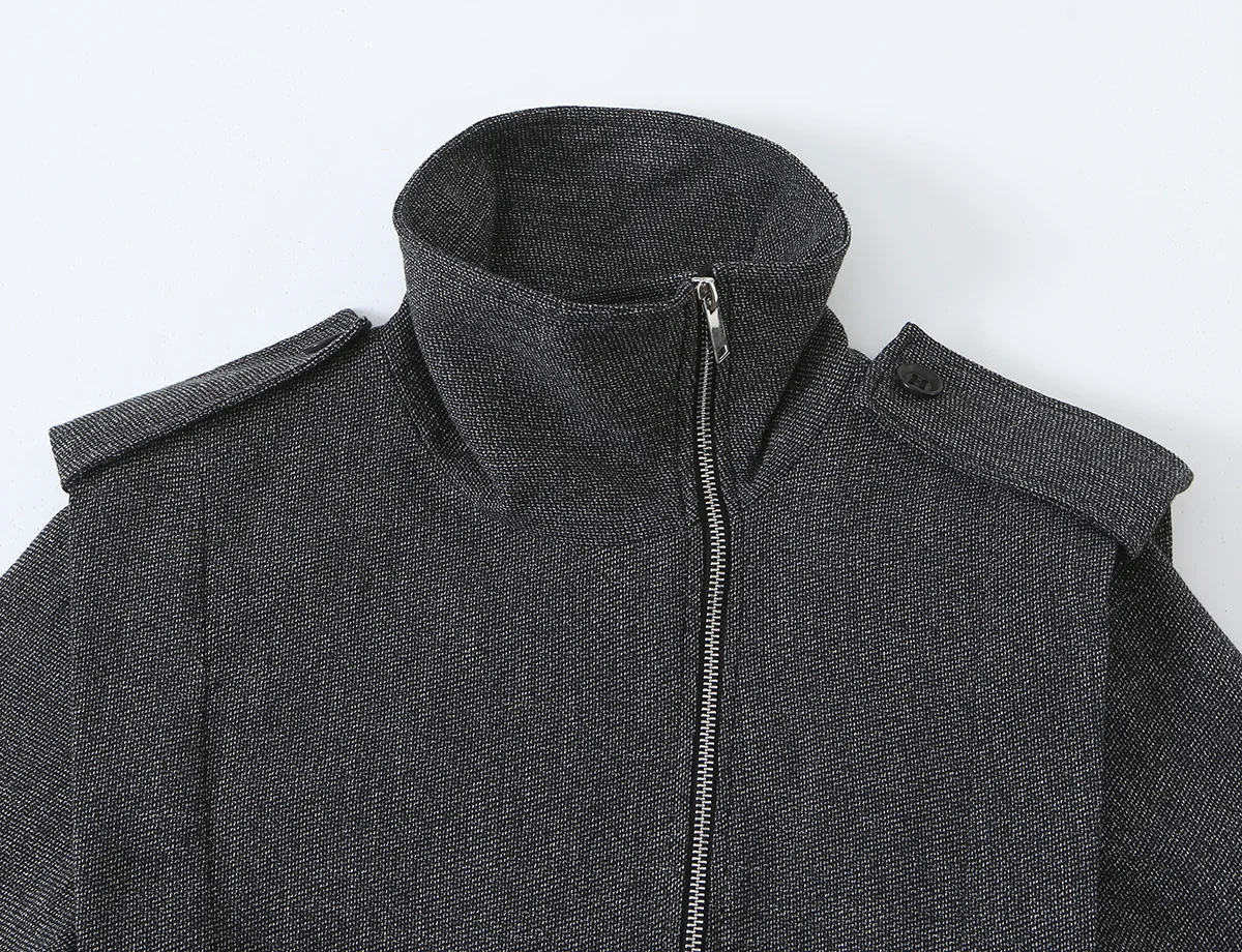 Damenjacken mit Stehkragen, unregelmäßigem Metallreißverschluss, lässig, trendig, kurz geschnitten, Streetwear, modische, lockere, einfarbige Langarmjacke – Detail 4