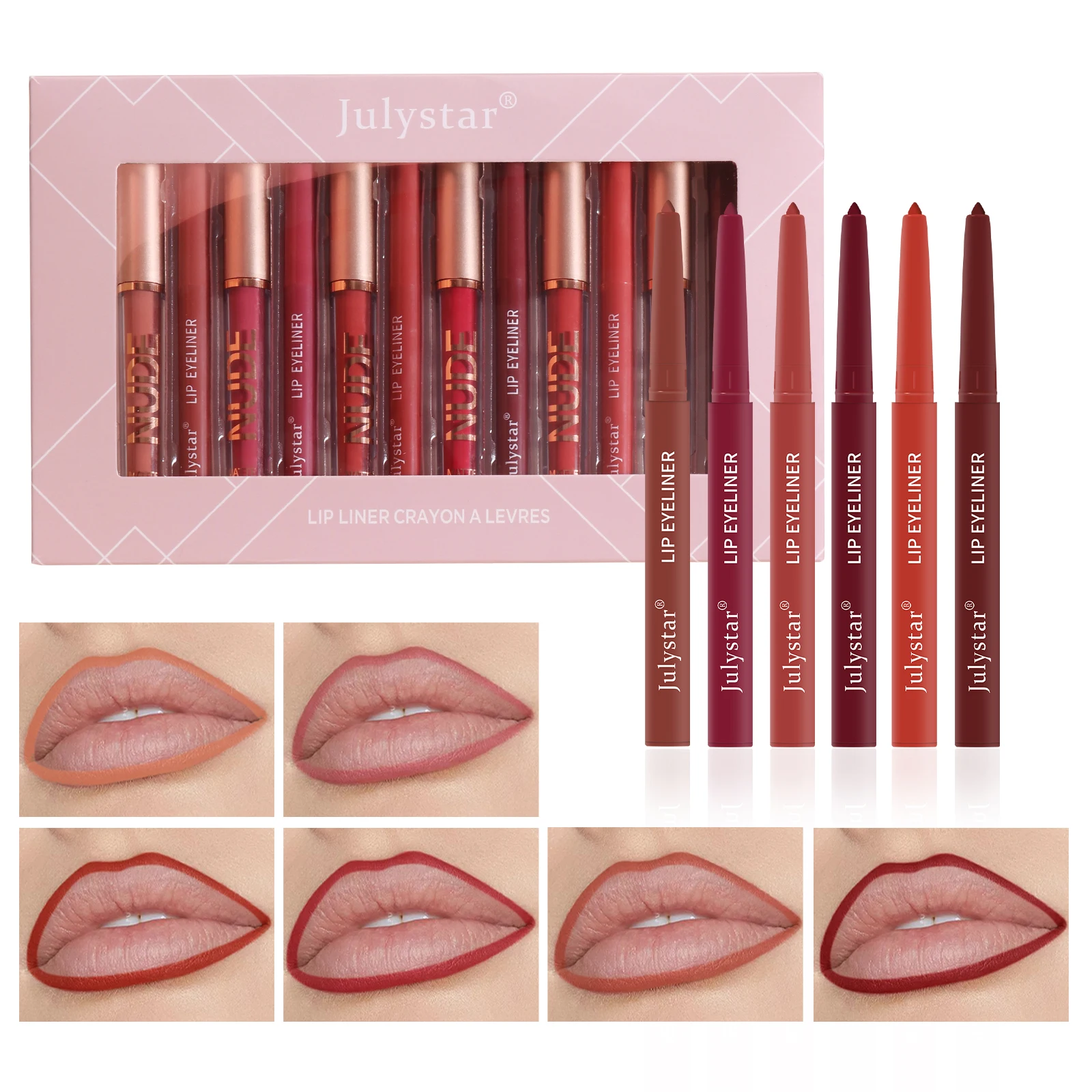 Conjunto Lipliner Julystar Lip Color, maquiagem portátil diária para mulheres, fácil de colorir e coloração durável, 6 Plus 6