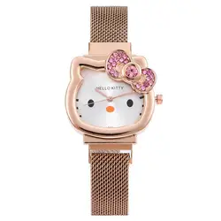 Hello Kitty Diamond Watch Cat Bow Kawaii Pink Ladies Gold Sliver Metal Jewelry Cartoon Magnetic Watch Girlfriend Birthday