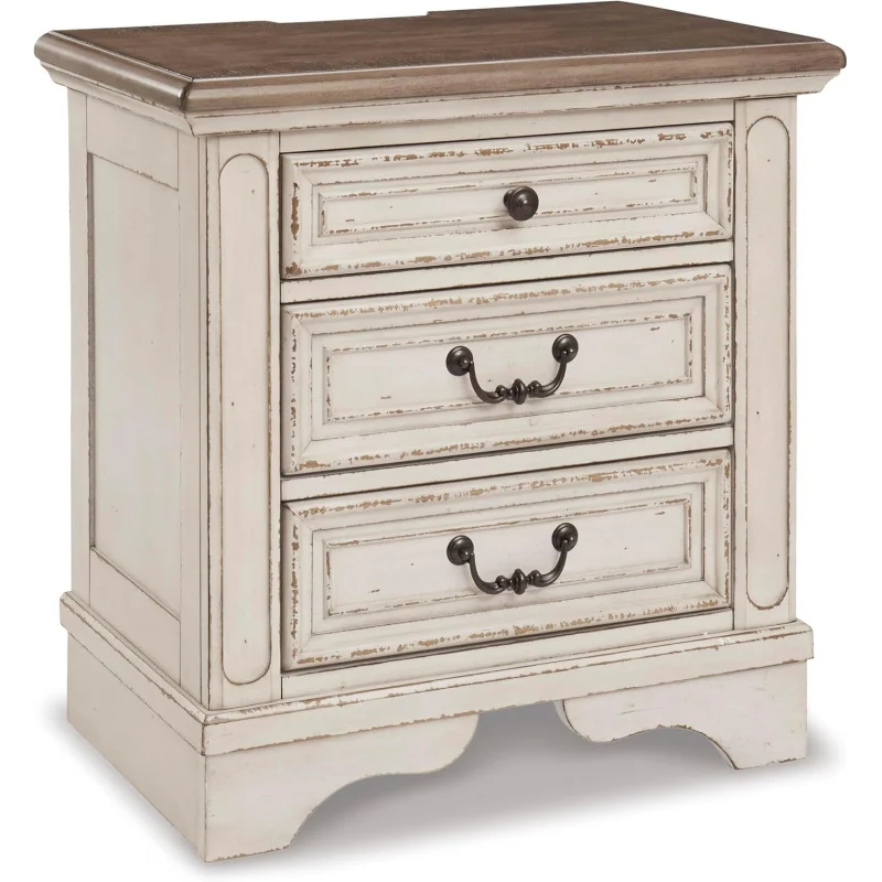 Design by Ashley Realyn French Country 3 Drawer Nightstand with Electrical Outlets & USB Ports, 27.75