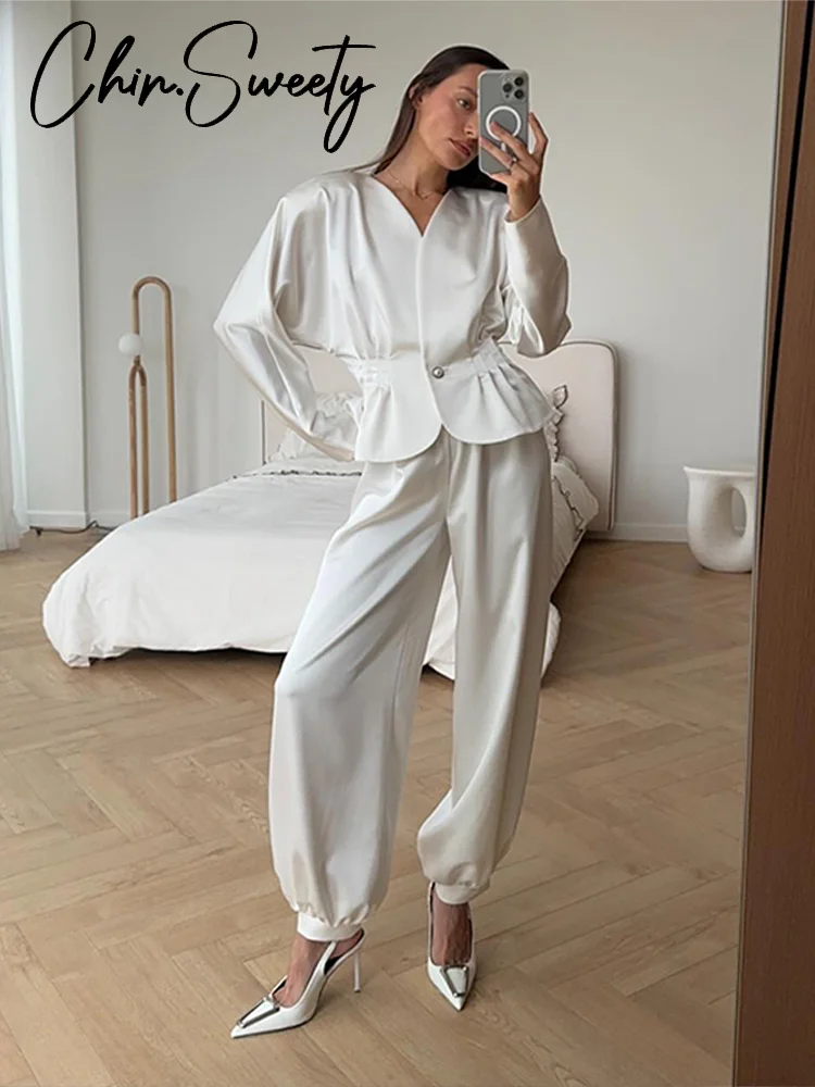 

Casual Women's Jacket Trouser Suits Single-Button Waist-Closed Leg-Binding Pants Lady Set 2026 Spring 2 Pieces Set Women New