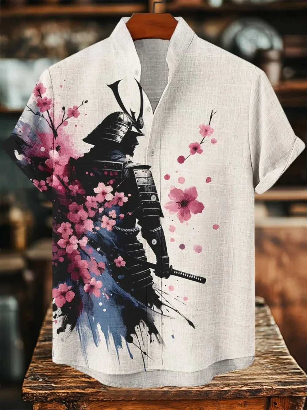 メンズヴィンテージレコードプリントスタンドカラーショートスリーブカーディガン、ファッショナブルなリネン製プラスサイズトップス、迅速発送対応