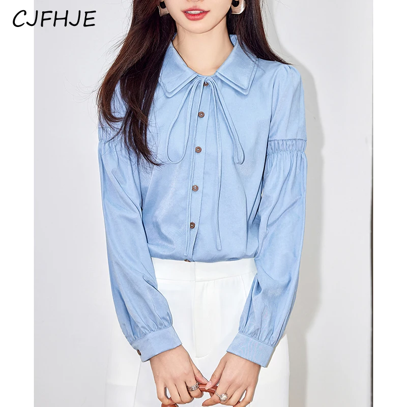 CJFHJE French Fashion Blue Women's Long Sleeved Shirt New Spring Korean Classic Casual Doll Neck Women Loose Fitting Shirt Top