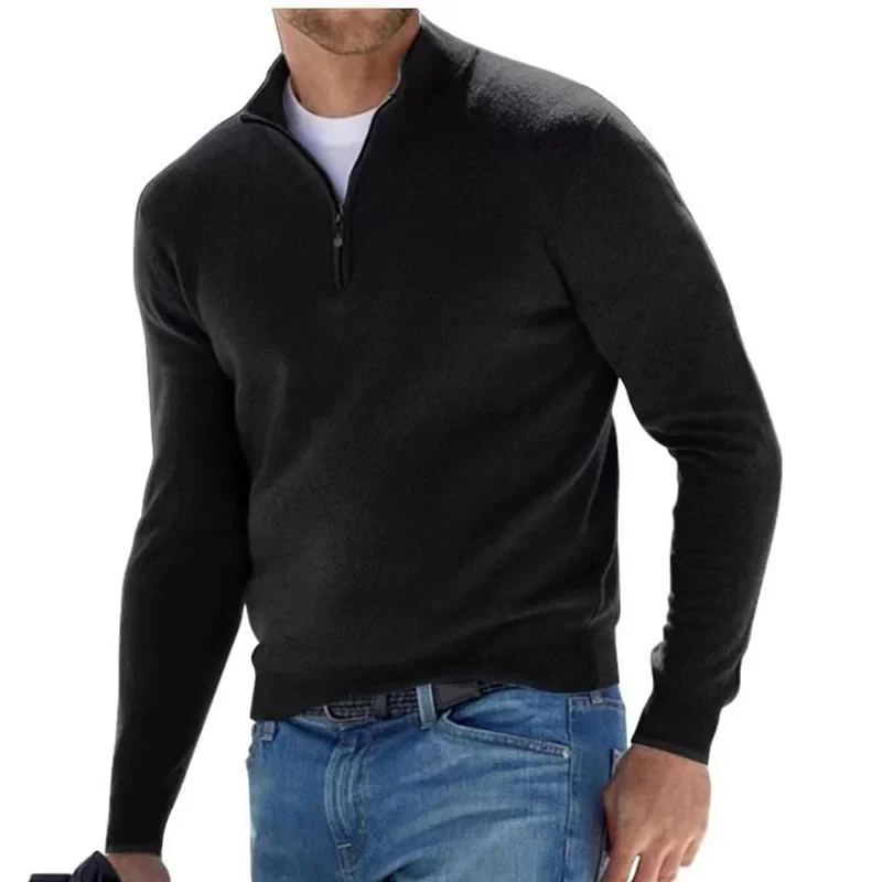 A must-have for men: autumn long-sleeved V-neck wool zipper casual polo shirt