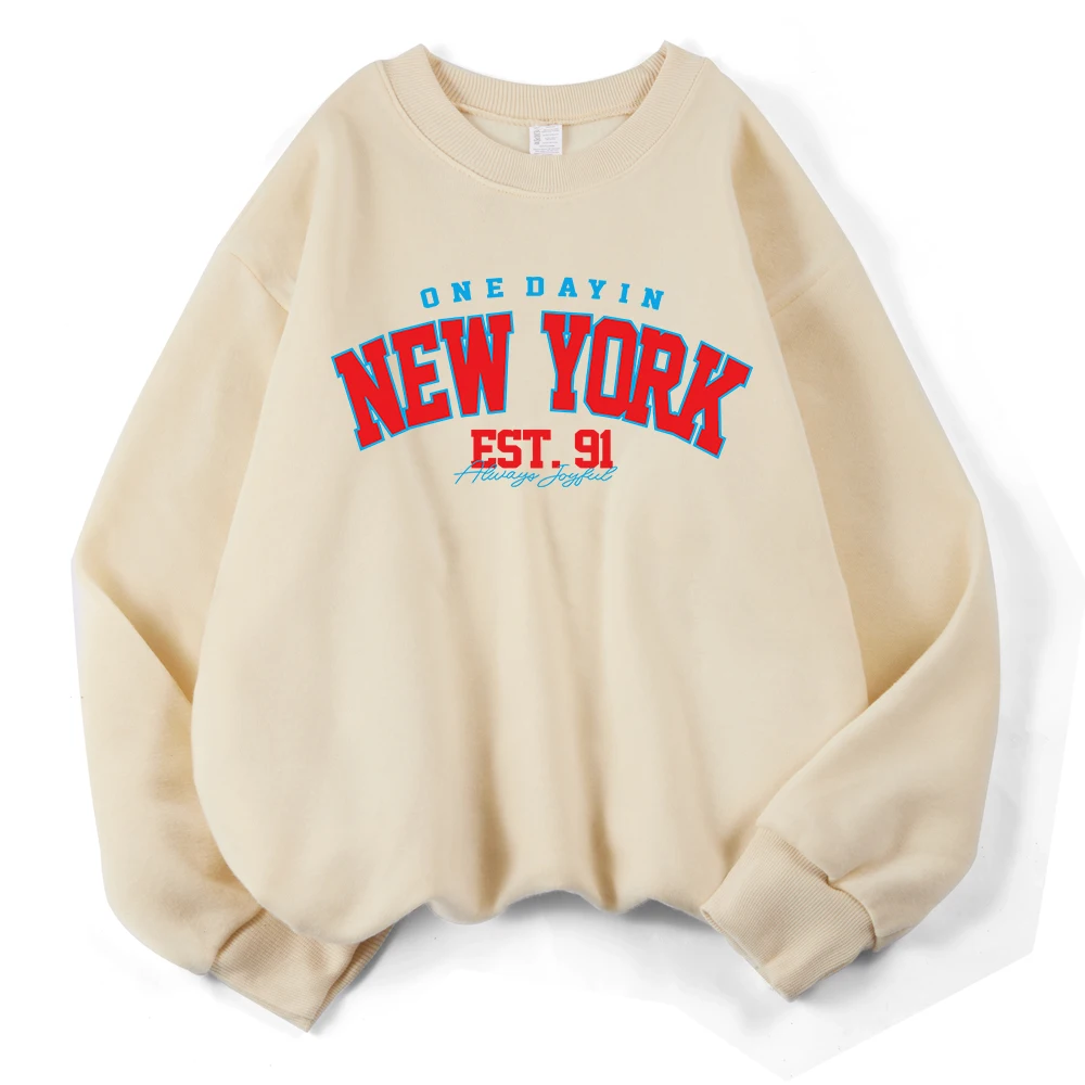 New York One Dayin Est.91 프린트 스웨트 여성 루즈 기본 후드 양털 따뜻한 크루 넥 의류 겨울 여성 streetwear