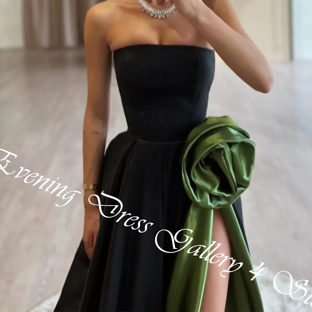 Customized Exquisite Contrast Color Strapless Floor Length Side Slit A-Line Evening Dress Classic Satin Sweep Train Gowns