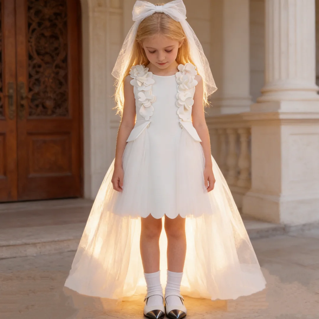 Girls' princess dress white wedding dress floral train air layer wedding season flower girl piano puffy skirt runway show gown