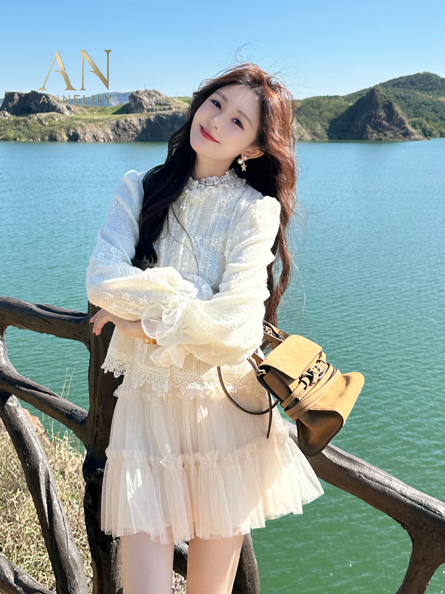 

Annelily Ele Lace irt: Универсальная осенне-зимняя модная блузка высокого качества, легкая, роскошная, дышащая, из полиэстера, с длинными рукавами для девочек.