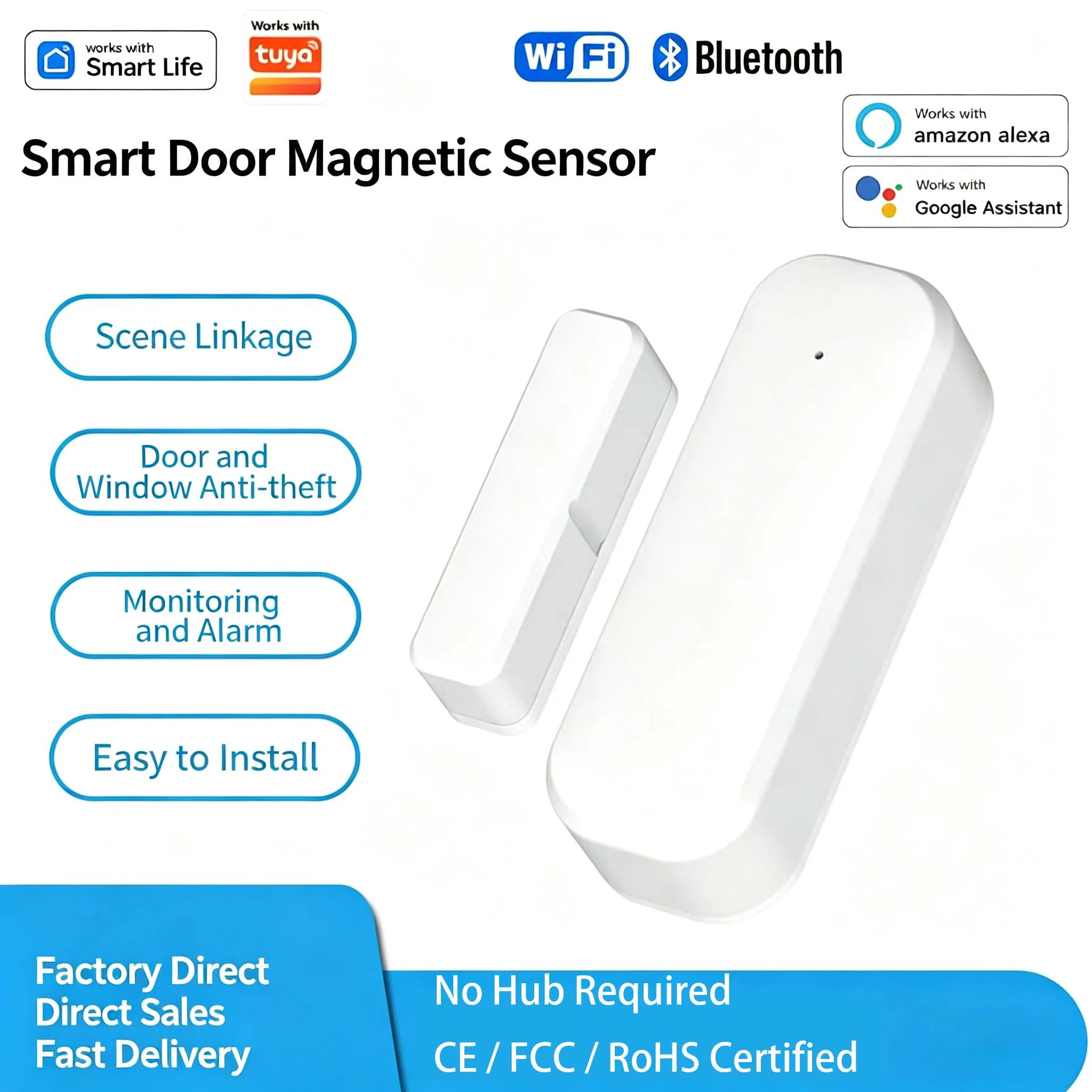 

Умный датчик для дверей и окон Tuya WiFi Bluetooth, беспроводная контактная сигнализация, совместим с Alexa и Google Home, для домашней безопасности