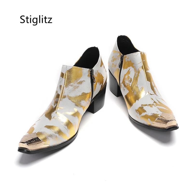 White Gold Mixed Colors Men\'s Shoes Metal Toe Side Zipper Genuine Leather Shoes for Men High Heels Print Casual Dress Shoes