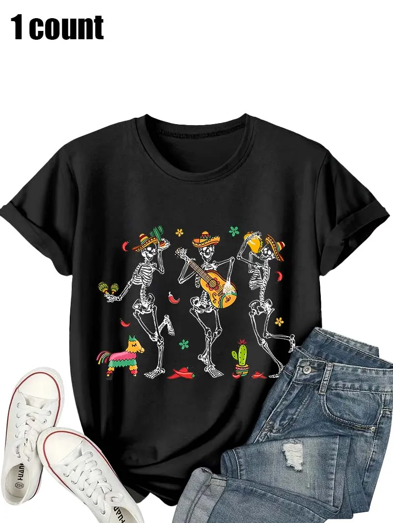 プラスサイズのレディース T シャツ、メキシコ スケルトン バンド プリント フォーク アート カジュアル ストリートウェア トップ