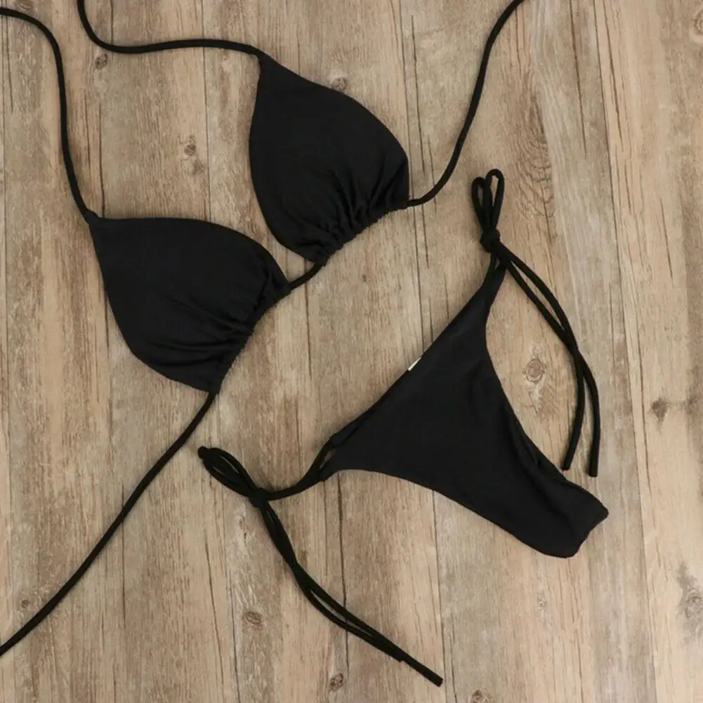 Maillot de bain deux pièces pour femmes, ensemble bikini, solide, dos nu, bretelles, culotte tanga, vêtements de plage, sexy