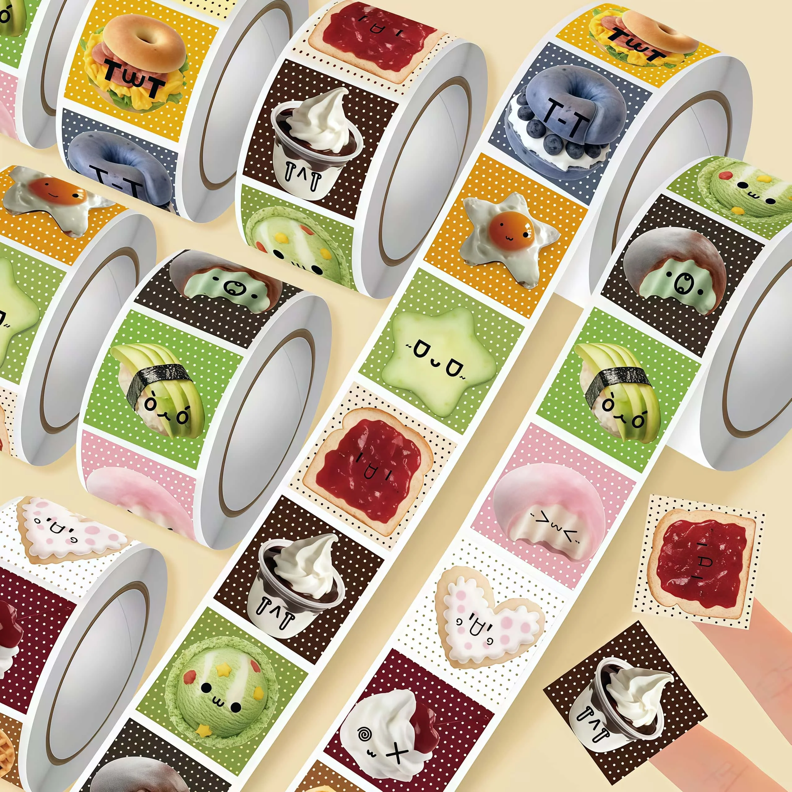 500Pcs Kawaii Polka Dot Food Stickers, Cute Dessert Sushi Pattern Labels, Decorative Stickers for Journal Packaging DIY Decor