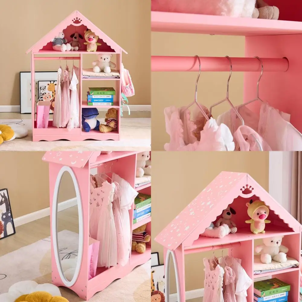 

Детский зеркальный шкаф-гардероб в стиле кукольного домика с местом для хранения и милым принтом, розовый, для ролевых игр