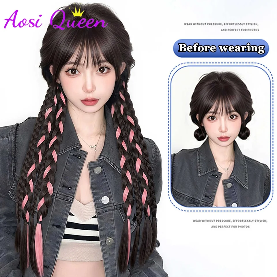 2PC Highlighting Colorful Wig Braids Hair Rings Ponytail Sweet Cool Twist Long Braids Hair Tie For Girls Women