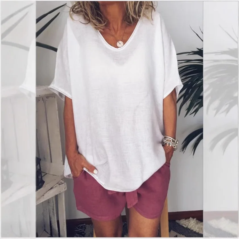 تي شيرت نسائي أساسي مقاس كبير لملابس المانجا ثلاثة أرباع، رقبة دائرية، لون خالص، قميص عصري