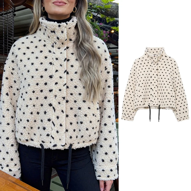 

Women's Bomber Jacket Women Long Sleeve Zipper Lamb Wool Jackets 2025 Autumn Lady High Street Polka Dot Print Short Coats