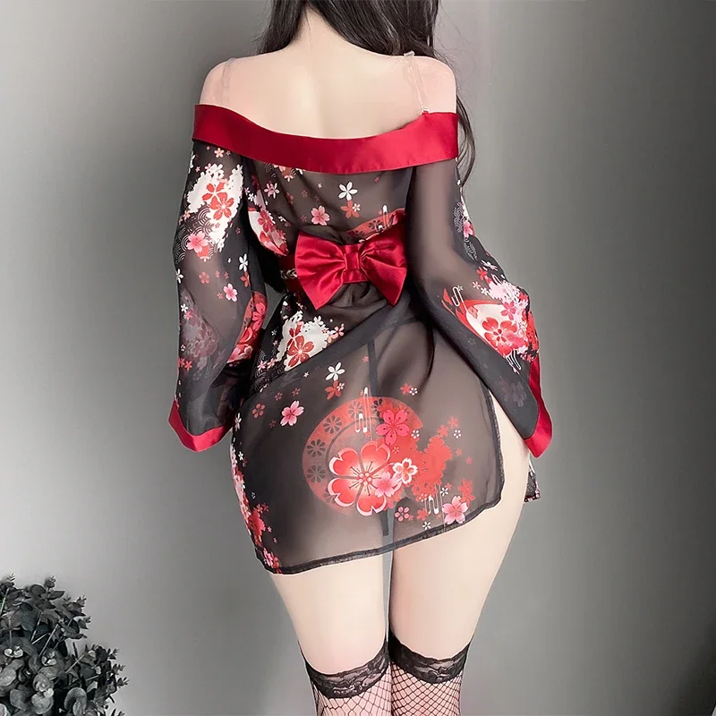 Porn Japanese Anime Kimono Cosplay Miko Set Deep V Strapless Cleavage Black Sexy Lingerie Women Sleepwear Bathrobe