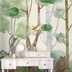 Custom Nordic Watercolor Forest Plants Cartoon Animals Wallpaper for Children's Room Boys wallpapers home decor wall decorations